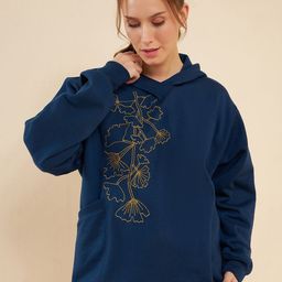 Antheaa Navy Blue Floral Embroidered Hooded Fleece Sweatshirt-image-11