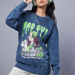 Bewakoof Blue Badguy Graphic Printed Oversized Fleece Pullover Sweatshirt-image-96
