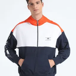 Flying Machine Colourblocked Hooded Front Open Pure Cotton Sweatshirt-picture-13
