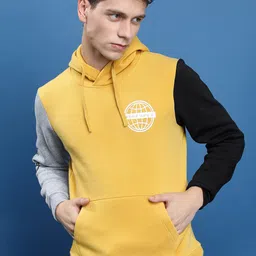 HIGHLANDER Men Yellow Colourblocked Hooded Pullover Sweatshirt-picture-58