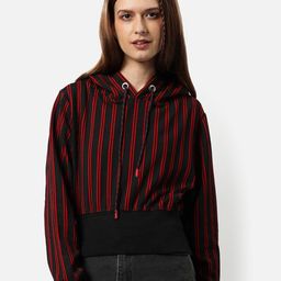 Campus Sutra Women Red Striped Hooded Sweatshirt-21