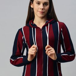 Campus Sutra Women Maroon & Black Striped Hooded Sweatshirt-image-17
