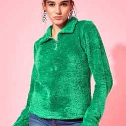 Athena Green Self Design Shirt Collar Fur Sweatshirt-image-17