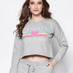 Sera Women Grey Melange Typography Printed Crop Sweatshirt-image-29