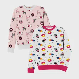 KUCHIPOO Girls Pack of 2 Peach-Coloured & White Printed Fleece Sweatshirts-32