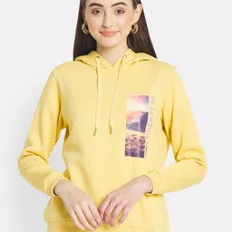METTLE Women Yellow Printed Hooded Fleece Sweatshirt-image-45
