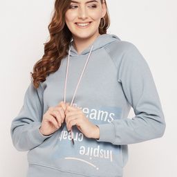 Madame Women Blue Printed Cotton Hooded Sweatshirt-image-29
