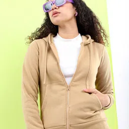 Tokyo Talkies Women Khaki Hooded Sweatshirt-image-17