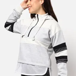 Campus Sutra Women Grey Colour-Blocked Hooded Sweatshirt-3