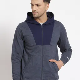 Kalt Men Navy Blue Colourblocked Hooded Sweatshirt-image-16