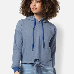Campus Sutra Women Blue Striped Hooded Sweatshirt-picture-9