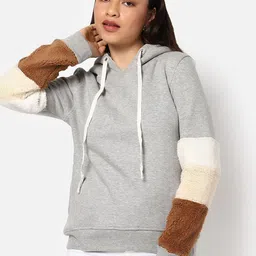 Campus Sutra Women Grey Colour-Blocked Striped Sleeves Hooded Cotton Sweatshirt-4