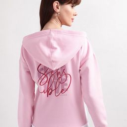 ELLE Women Pink & White Colourblocked Cotton Hooded Sweatshirt-picture-33