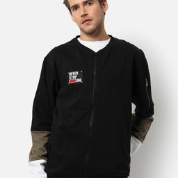 Campus Sutra Men's Black Solid Color-Blocked Regular Fit Zipper Sweatshirt For Winter Wear-image-19