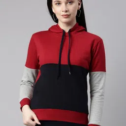 Bailey sells Women Red & Navy Blue Colourblocked Hooded Pure Cotton Sweatshirt-picture-10