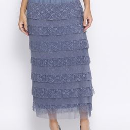 LELA Women Blue Lace Frill Net Straight Skirt-image-46