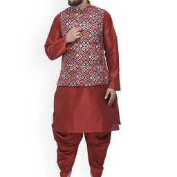 Benstoke Men Maroon Floral Layered Kurta with Dhoti Pants-picture-29