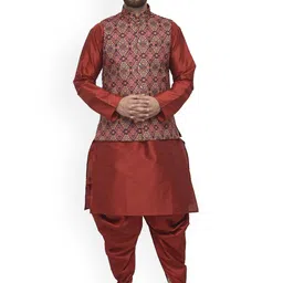 Benstoke Men Maroon Floral Kurta with Dhoti Pants-picture-28