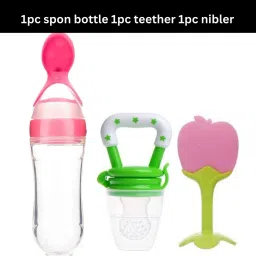 Silicone Fruit Teether & Food Nibbler & Spoon Bottle (Multicolor) (Pack of 3) Soother-1