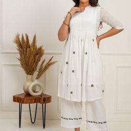 SPARROW Ethnic Motifs Embroidered Pure Cotton Pleated  A-Line Kurta With Trousers-46