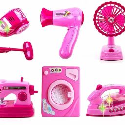battery operated 6 pieces household home appliances play set toys for girls with realistic sound - fan,hair dryer,vacuum cleaner,sewing machine,iron,washing machine-Pink-image-36