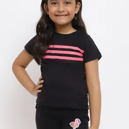 TALES & STORIES Girls Black & Pink Striped Pure Cotton Night suit-image-96
