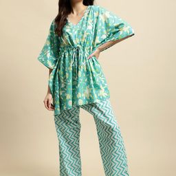 Secret Wish Sanganeri Floral Printed Pure Cotton Kaftan Night Suit-picture-22