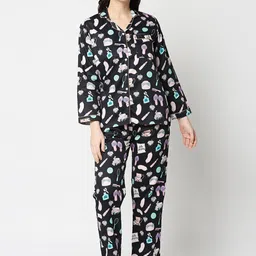 Pyjama Party Women Black & White Printed Night suit-image-48