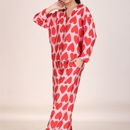 Masha Conversational Printed Shirt Collar Long Sleeves Satin Oversized Shirt & Pyjamas-15