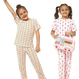 frangipani Girls Pack of 2 White & Pink Printed Pure Cotton Night suit-image-58