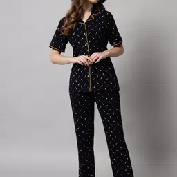 SEPHANI Women Navy Blue & Yellow Printed Pure Cotton Night suit-image-92