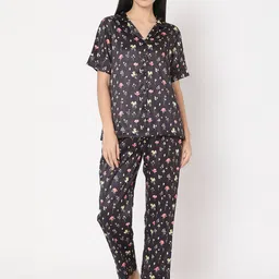 Smarty Pants Women Black & Pink Printed Satin Night Suit-image-20