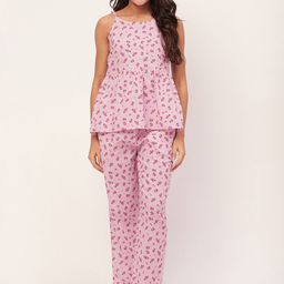 Moomaya Floral Printed Cotton Camisole Top With Trousers-image-75