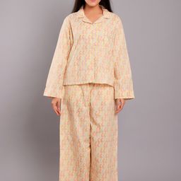 ETC Yellow Conversational Printed Lapel Collar Pure Cotton Night Suit-image-74