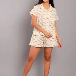 ETC Beige Conversational Printed Lapel Collar Cotton Night Suit-picture-51