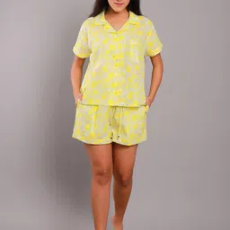 ETC Yellow Floral Printed Lapel Collar Pure Cotton Night Suit-image-45