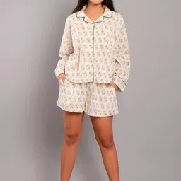 ETC Beige Floral Printed Lapel Collar Pure Cotton Shirt & Shorts-picture-37
