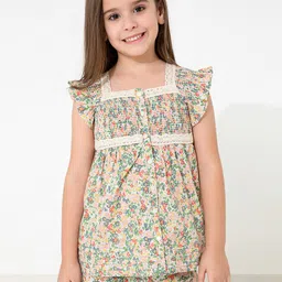 Cherry Crumble Girls Off-White & Pink Floral Print Cotton Night suit-image-73