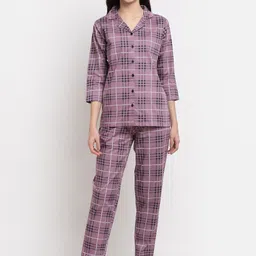 Claura Purple & White Checked Pure Cotton Night Suit-image-2