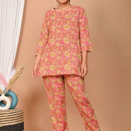 Bhoolft Floral Printed Pure Cotton Kurti With Pyjamas-picture-8