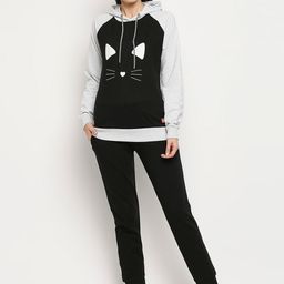evolove Women Grey & Black Printed Hooded Night suit-image-46