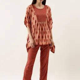 Bannos Swagger Women Peach and Brown Printed Kaftan Night Suit-22
