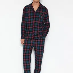 Trendyol Checked Lapel Collar Pure Cotton Shirt & Pyjama-image-55