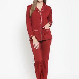 Claura Maroon & White Lapel Collar Long Sleeves Night suit-picture-8