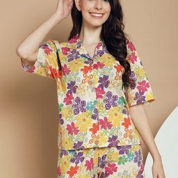 Kanvin Yellow Floral Printed Lapel Collar Pure Cotton Night suit-image-24