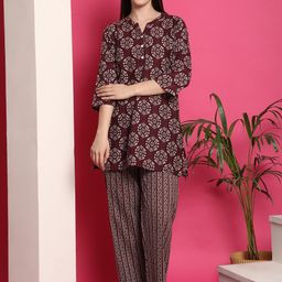 Indreams Ethnic Motifs Printed Band Collar Pure Cotton Night Suit-image-63