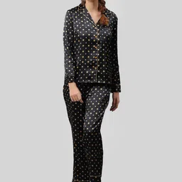 PRETTY LOVING THING Women Black & Yellow Star Printed Satin Night suit-image-81