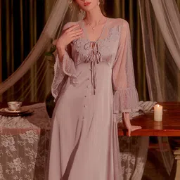 LULU & SKY V-Neck Lace Detail Midi Nightdress-image-73