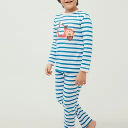 frangipani Boys Blue & Off White Pure Cotton Striped Night suit-image-52