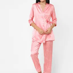 Sweet Dreams Women Pink & White Printed Satin Night suit with Robe-image-10
